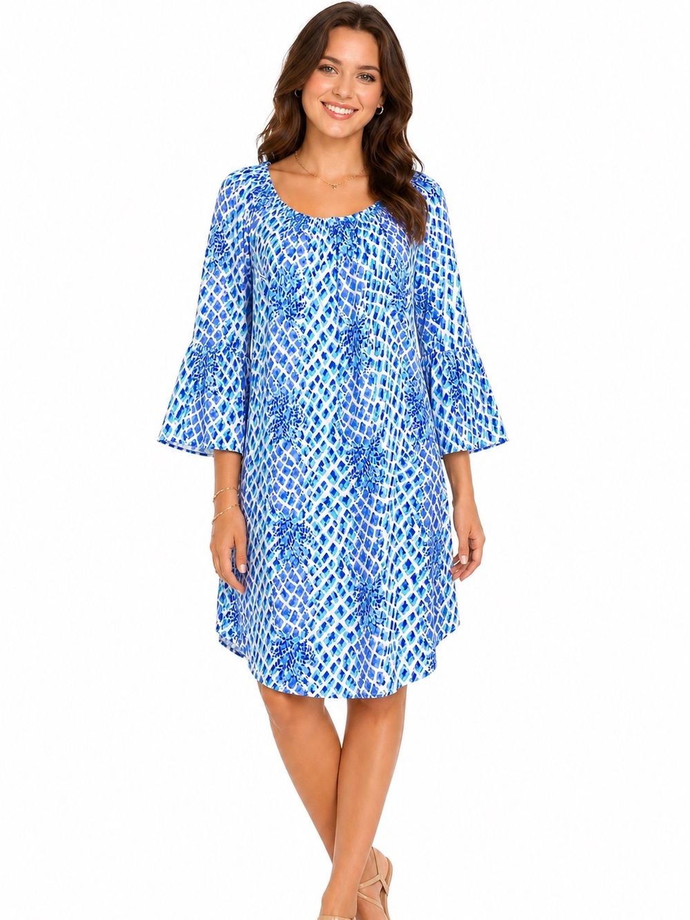 Lilly Pulitzer Blue Print Lined Shift Dress Bell Sleeve Boho Resort Large